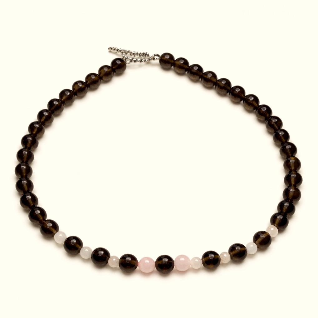 Smoky Quartz & Rose Quartz Beaded Necklace 935 Silver Clasp Minimalist 17” 61 Gm